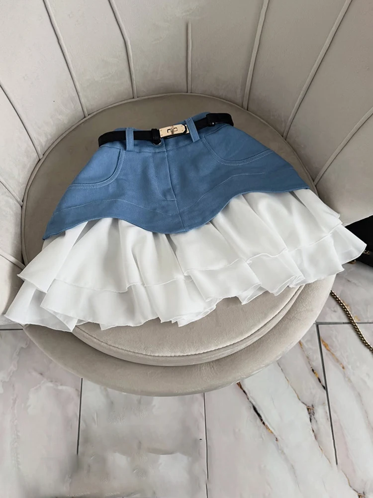 TARUXY Ruffled Splice Denim Skirt For Women Fashion High Waist Streetwear Mini Cake Skirt 2025 Summer New Y2K Club Party Skirt
