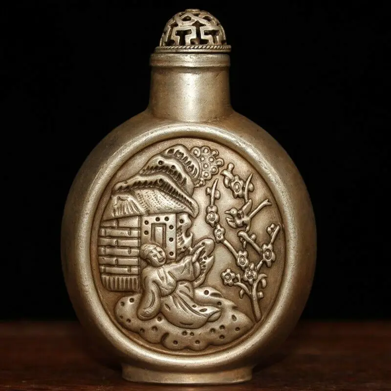 Exquisite Old Chinese Tibet Silver Handcarved Beauty Flower Bird Snuff Bottle