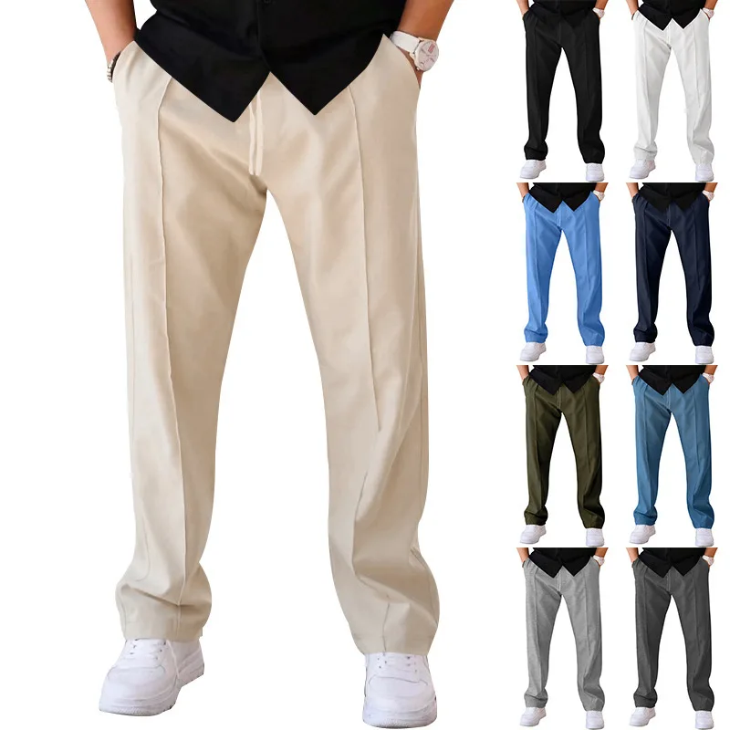 2026 Men's Drawstring Elastic Waist Wide Leg Dress Pants Casual Straight Leg Trousers Business Streetwear Multi-color Plus Size
