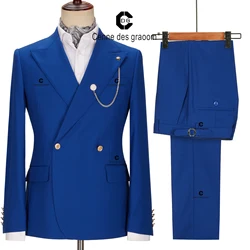 Cenne Des Graoom New Fashion Royal Blue Suits For Men Double Breasted Jacket And Pants 2 Piece Slim Fit For Wedding Groom Party