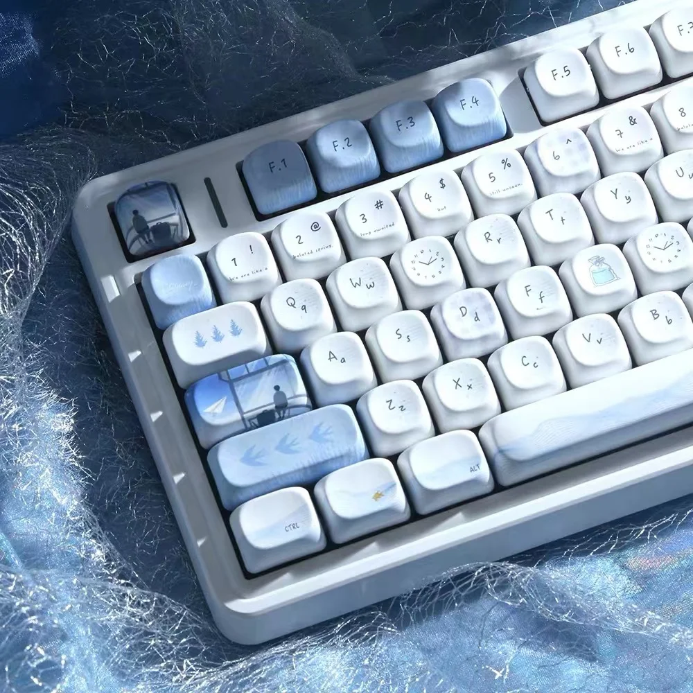 Blue Illusion Theme Keycap MOA Profile PBT Light Blue White Simple Keycaps Thermal Sublimation Summer Round Cute Mechanical Caps