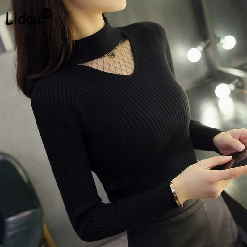 Five Colors Thick Gauze Spliced Knitting Sweaters Korean Half Height Collar Sexy Slim Hollow Out Trend Women\'s Clothing Pretty