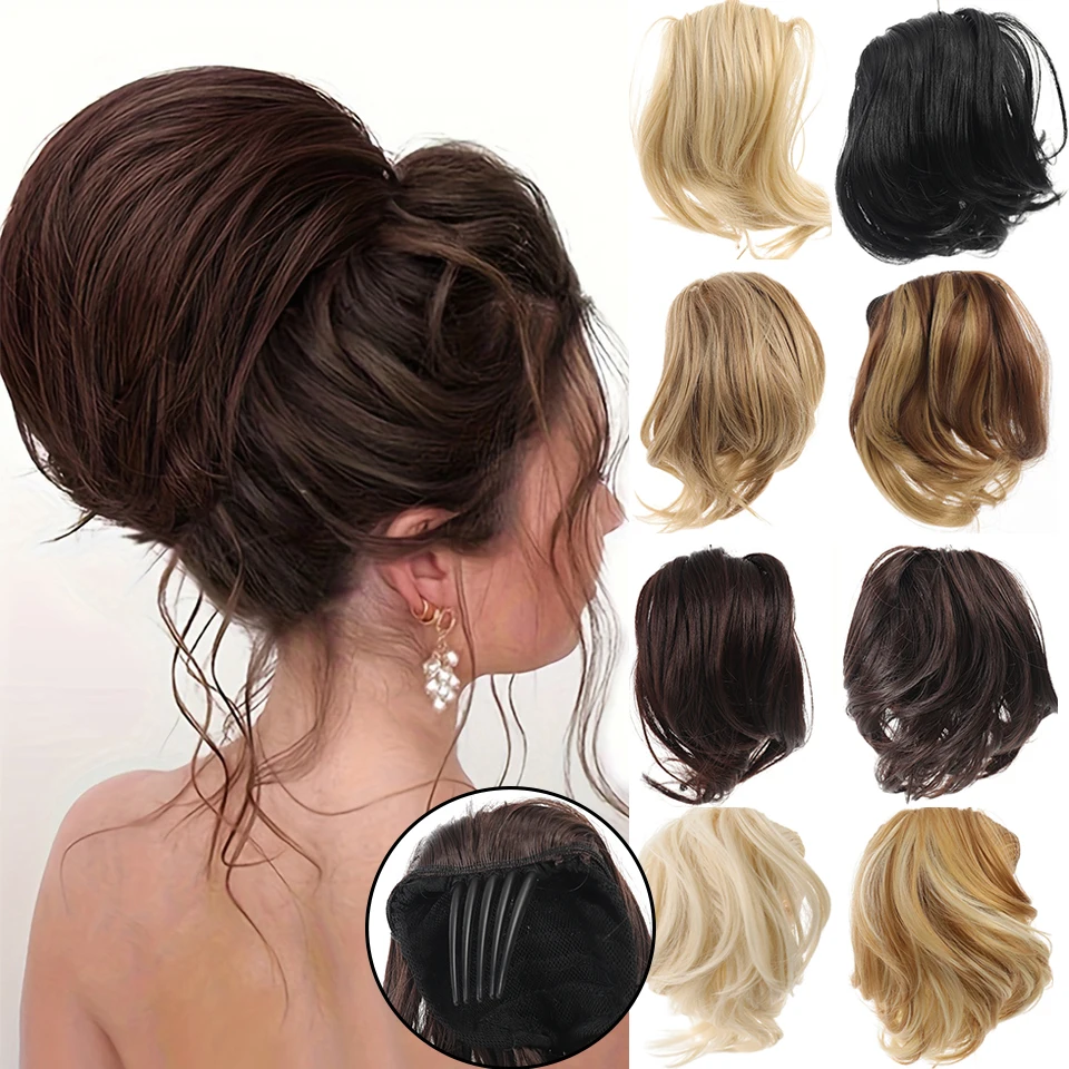 Synthetic Hairpiece Fully Short Ponytail Bun Hair Chignon with Comb Clip Bun Updo Drawstring Bun for Women Daily Party Festival