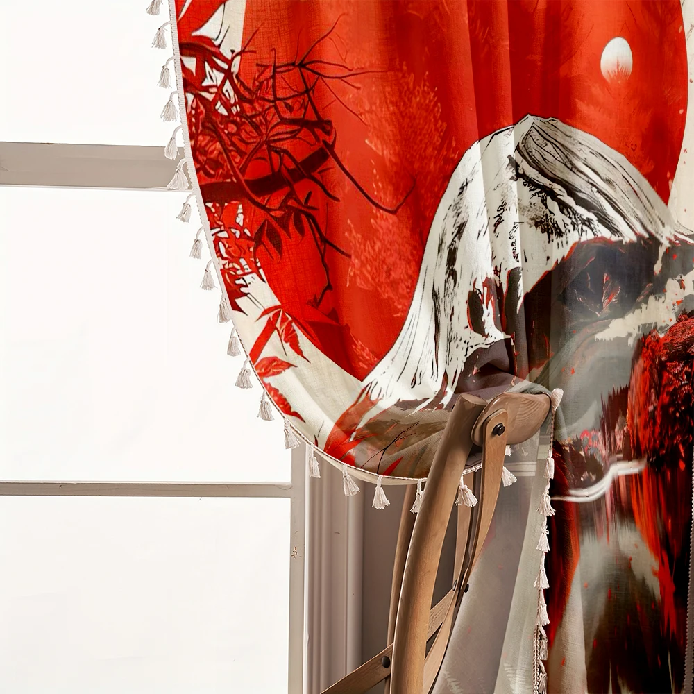 1PC Japanese Style Tassel Sheer Curtains, Mount Fuji Red Maple Sun Pattern, Digital Print, Linen Polyester, Home Decor
