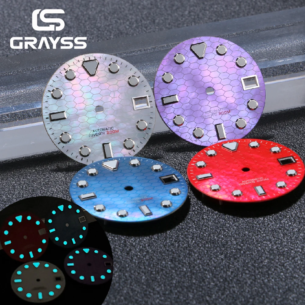 28.5mm SKX Mod Splicing Pattern MOP Mother of Pearl Red/White/Purple Watch Dial Luminous Fit NH35 NH36 Diving Men Watches Parts