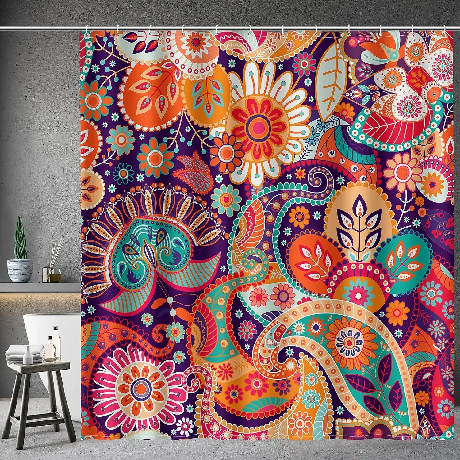 Floral Shower Curtain-Mandala Indian Bohemian Colorful Flowers Bathtub Shower Curtain suit, Bathroom Decoration Accessories