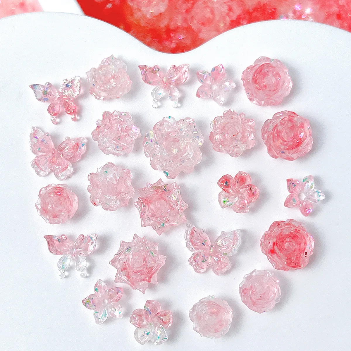 30PCS Pearly-lustre Pink Soft Acrylic Nail Art Flowers Butterfly Accessories Charms Parts For Nails Decoration Manicure Supplies
