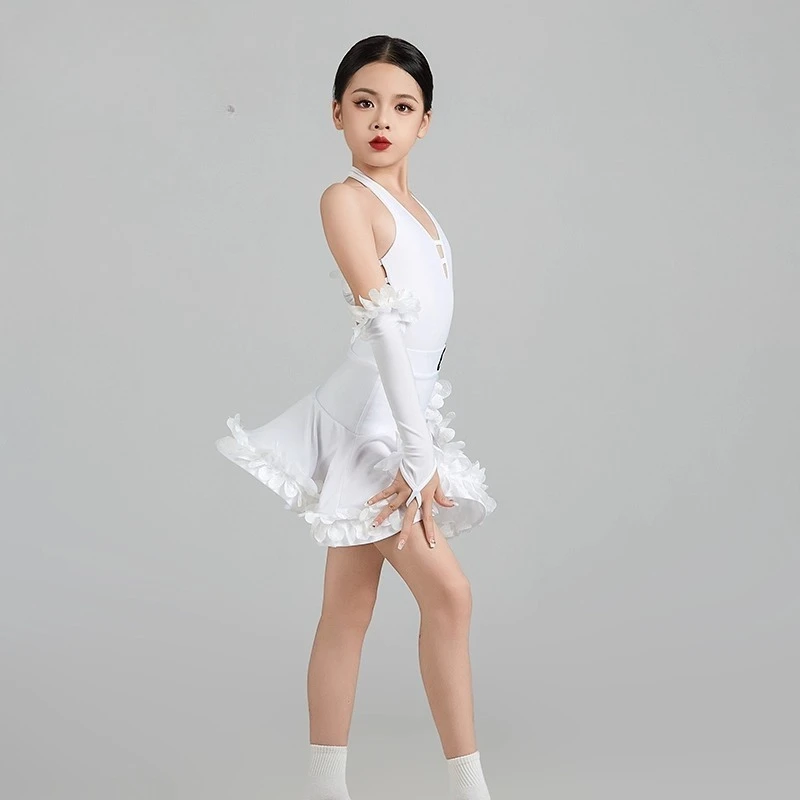 사용자 정의 4Pcs 여자 라틴 댄스 복장 여성의 흰색 연습 옷 간단한 성능 착용 카우보이 삼바 투우 룸바