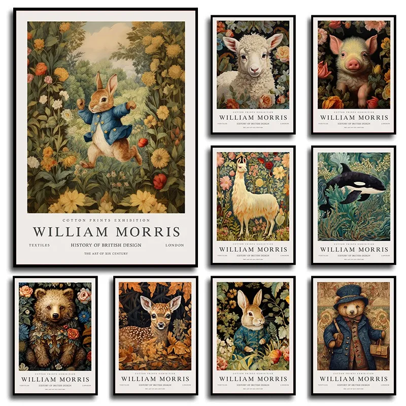 Retro William Morris Animal Exhibition Posters and Prints Canvas Painting Wall Art Sheep Bear Rabbit Picture for Room Home Decor
