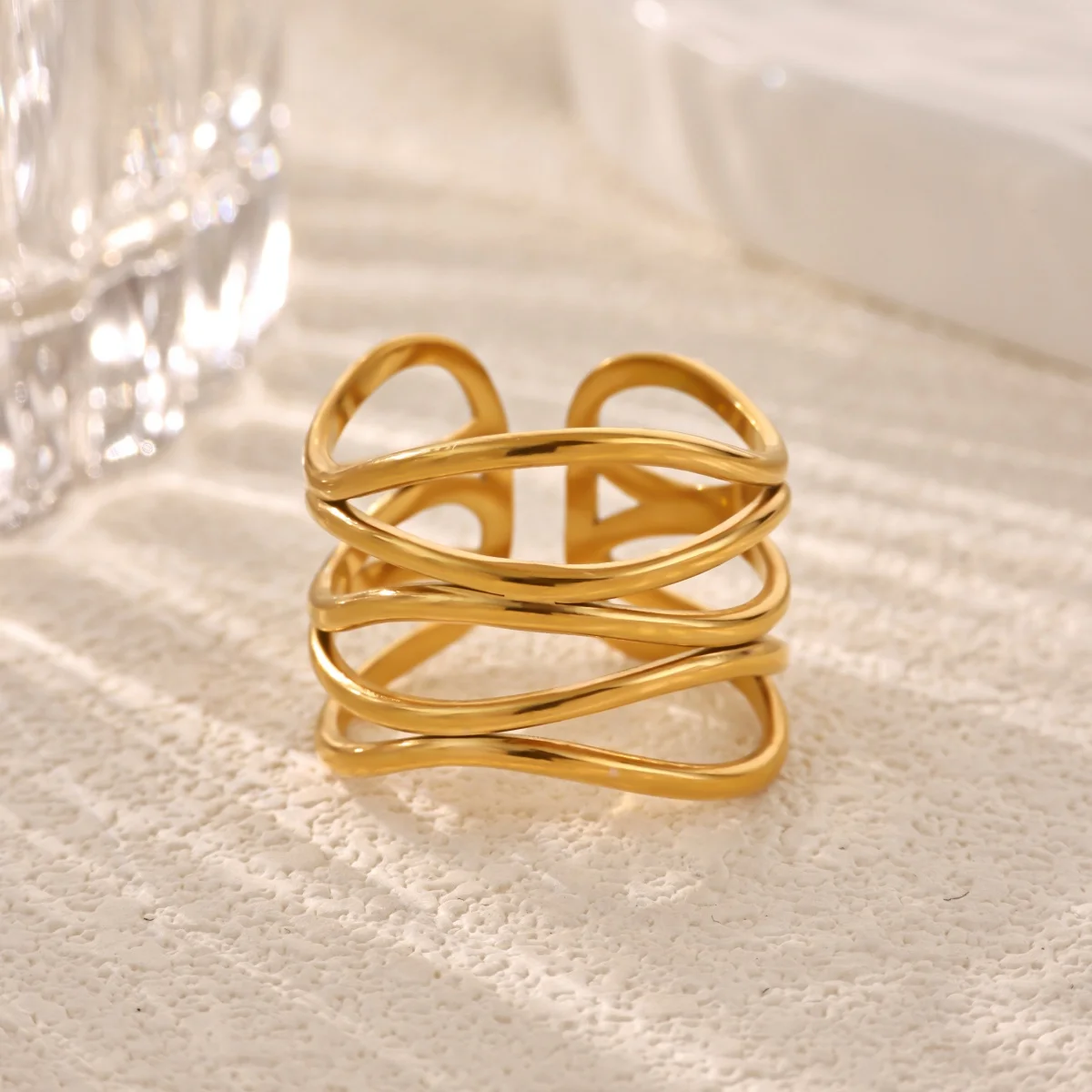 Women's Gold Plated Multi Layer Wavy Chunky Ring