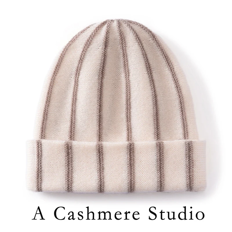 Cashmere Material Winter Hat for Women Outdoor Striped Double-layer Beanie Cap Casual Soft Warm Showing Face Knitted Cold Hat