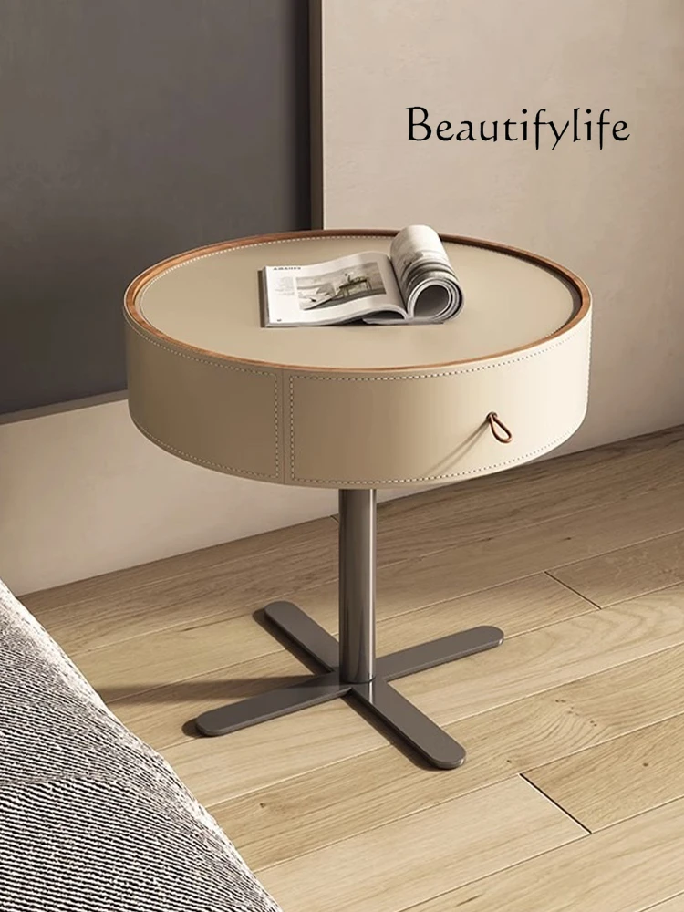 American Minimalist Saddle Leather Bedside Table round Solid Wood Bedside Table