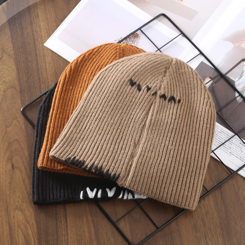 P1 Wool Hat Korean Fashion Autumn Winter Solid Color Ear Protection Warm Knit Hat Outdoor Couple Pullover Pile Hat Bonnet Ladies