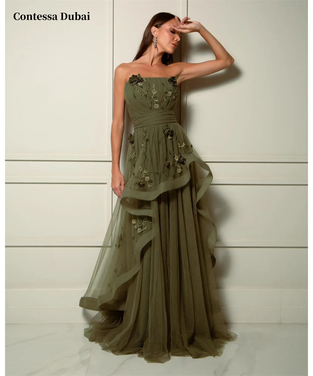 

Contessa Dubai customized lace Embroidery A-Line Prom Dress Sleeveless Strapless vestidos de noche Floor-Length party dress 2025
