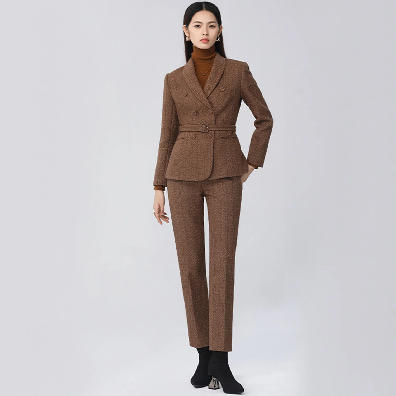 Allingentle Women's Suit 2 Piece Set Woolen Elegant Pantsuit with Belt for Party Office Work Outfits Customize