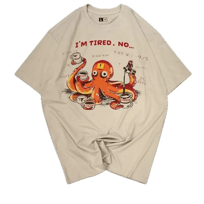 Cute Vintage Grunge Oversized Tee Coffee Octopus Math Formula Funny Print Soft Washed Cotton Unisex Loose Beige Street T Shirt