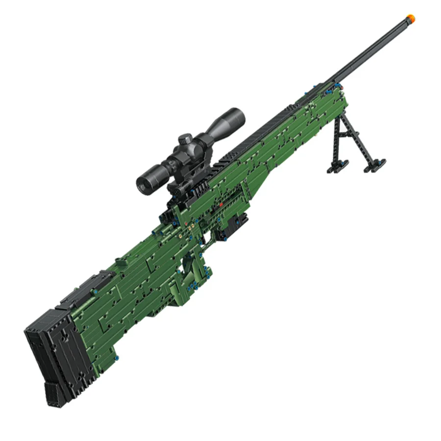 1400PCS AWM building block gun, green building block gun, technology parts interlinked assembly, 1-meter-long green gun