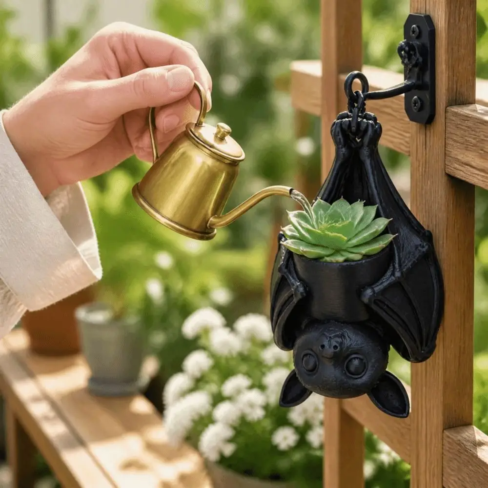 3D Printed Upside Down Bat Hanging Planter Gothic Style Plastic Bat-Shaped Flower Pot Realistic Whimsical Bat Garden Ornament