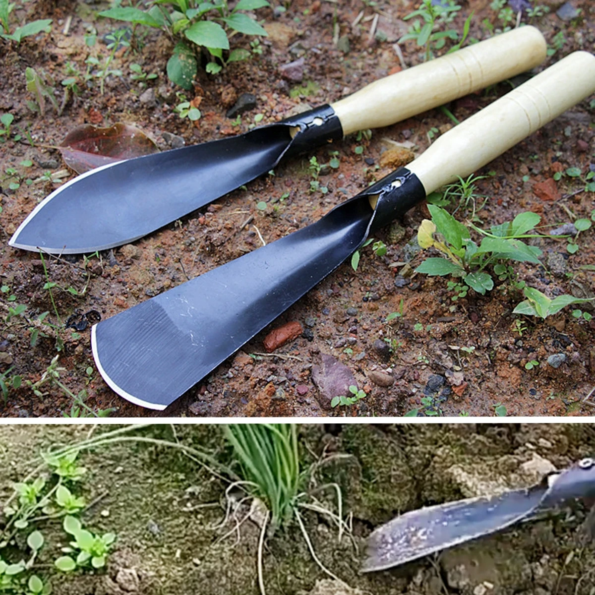 Gardening Shovels Flat-head Sharp-head Manganese Steel Wooden Handle Cultivation Tools Flower Vegetable Planting Weeding Digging