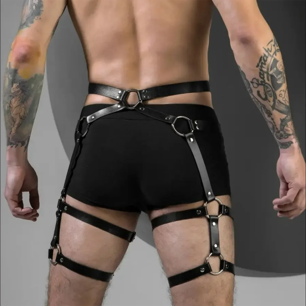 Sexy Men\'s Body Leg Harness Belts Pu Leather Adjustable Punk Style Belt Male Bondage Gay Party Fetish Costume Exotic Accessorie