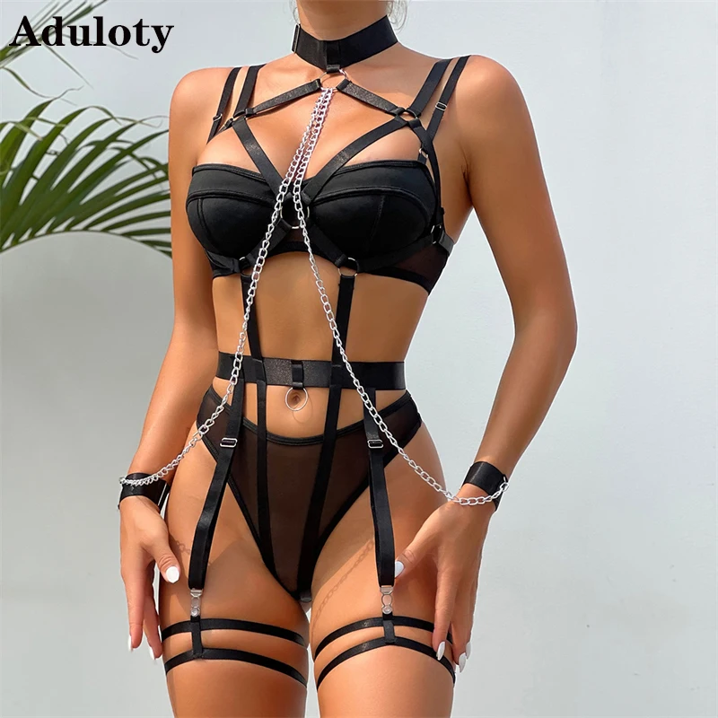 

Aduloty Metal Chain Bound Neck Ring Wristband Cross Stitching Hollow Erotic Lingerie Temptation Gather Bra Women's Underwear Set