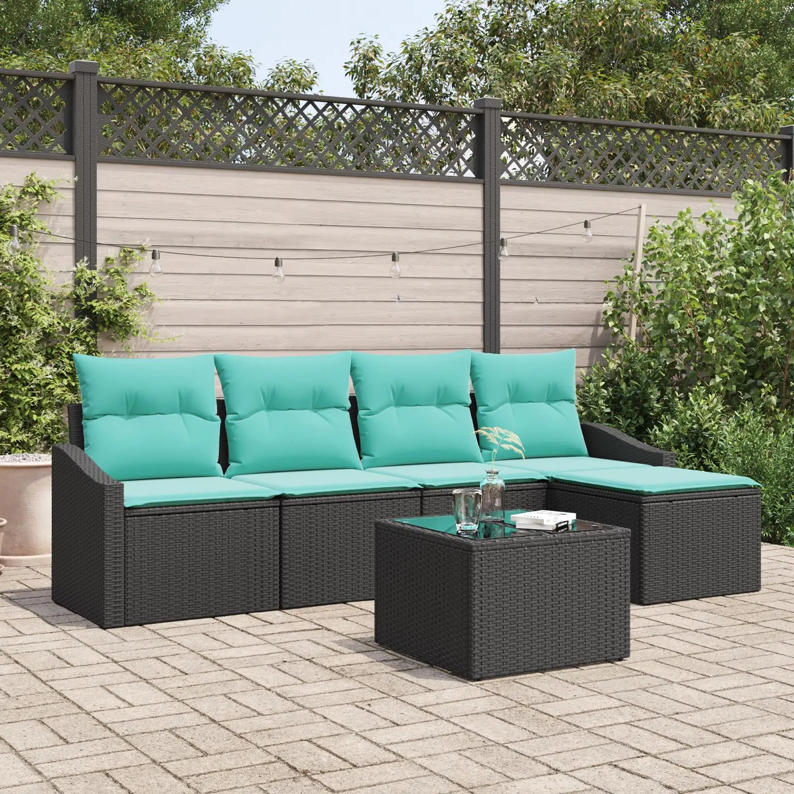 

Comfortable 6 Piece Black Rattan Garden Sofa Set with Cushions for Outdoor Patio Furniture