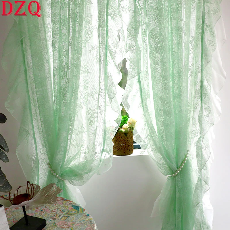 

Idyllic American Green LaceTulle Curtains Floral Warp Ruffled Gauze Curtains for Kitchen Rural Roman Curtains Yarn #A308