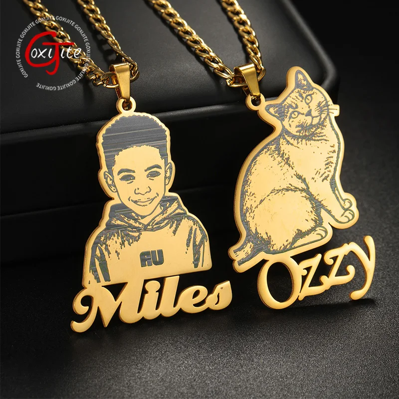 

Goxijite лазерная маркировка черная линия портрет домашнего животного кулон толстая цепочка из нержавеющей стали ожерелье с индивидуальным именем мемориальные ювелирные изделия Gif