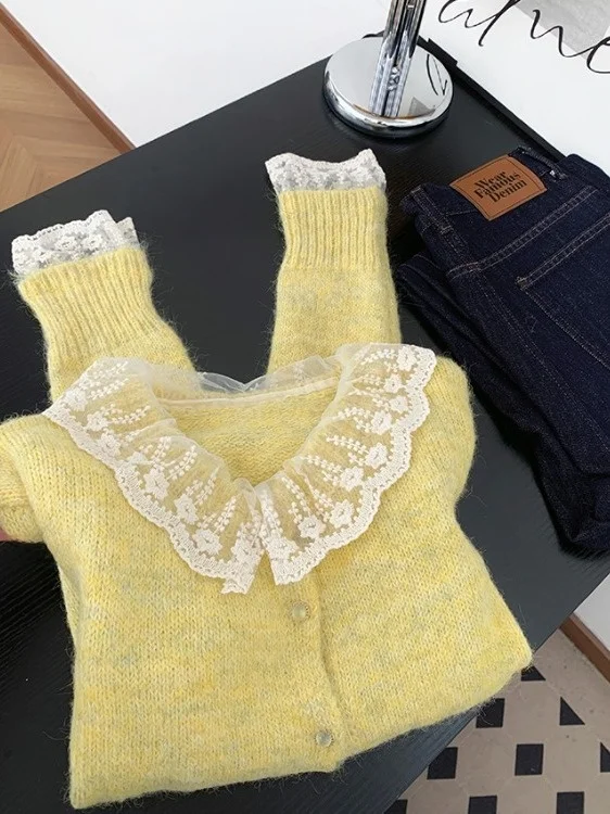 لينة الأصفر الدانتيل تقليم سترة مشغولة من الصوف المرأة الخريف الشتاء ort الحلو الشباب تنوعا سترة مريحة تناسب طويلة Sve