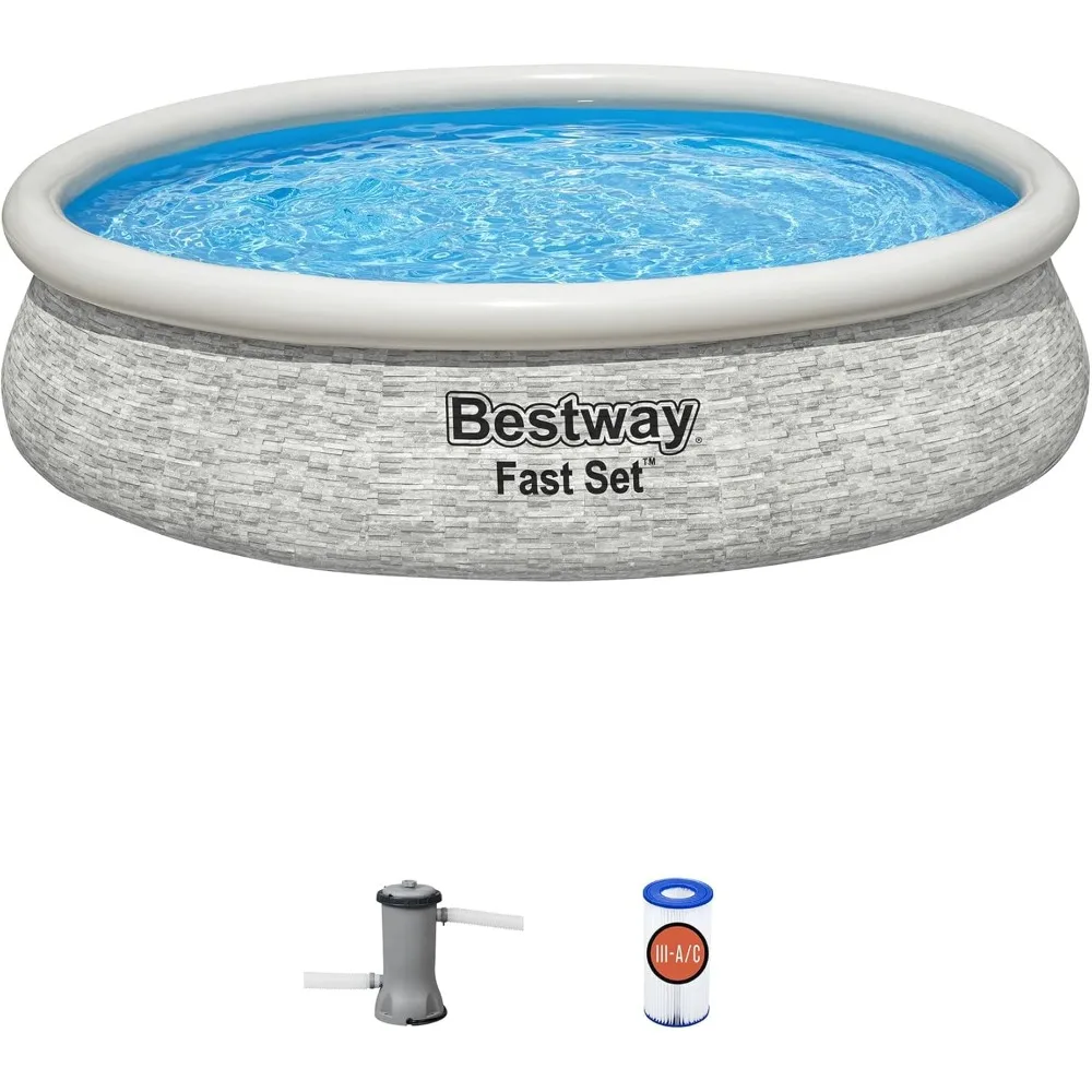 

Fast Set 12' x 30" Round Inflatable above Ground Swimming Pool Set, Stacked Stone Exterior Outdoor Family Pool