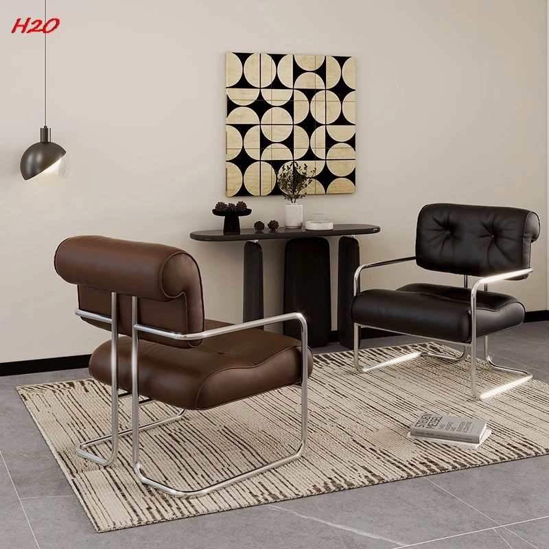 H2O Nordic Home Leisure Leather Dining Chair Medieval Cafe Creative Stainless Steel Chair Light Luxury Desk Backrest Stool