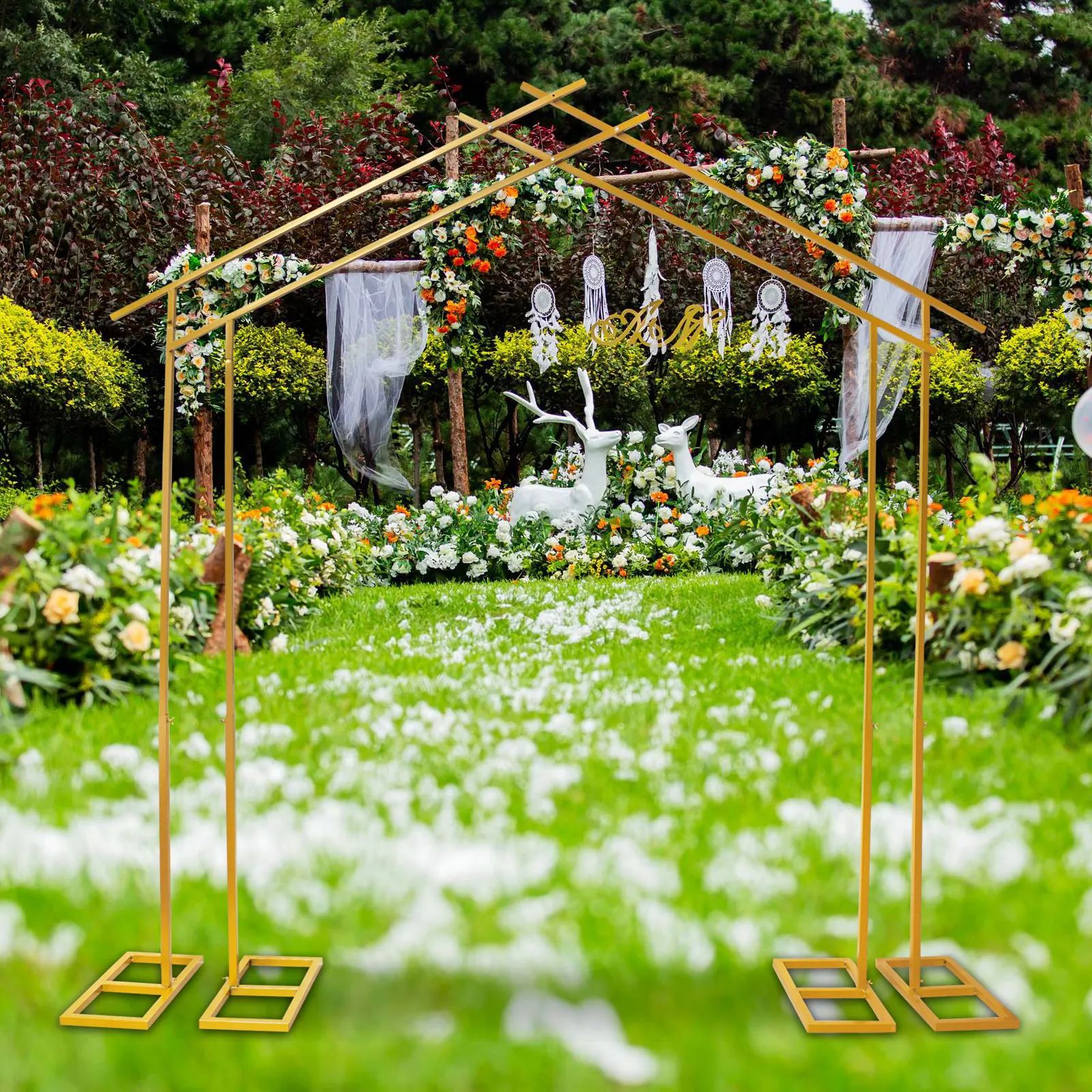 Double Arch Rack Metal Flower Backdrop Stand Party Venue For Birthday Party Wedding Reception DecorGold/White