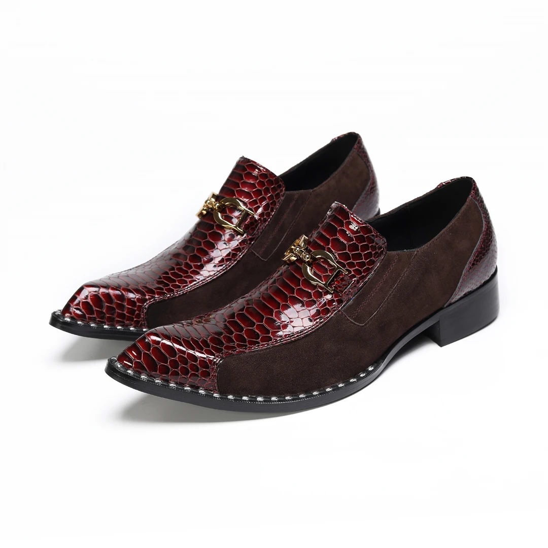 

Red Real Leather Men Business Party Dress Shoes Plus Size 38-46 Male Pointed Toe Formal Leather Shoes Slip on Brogue Shoes