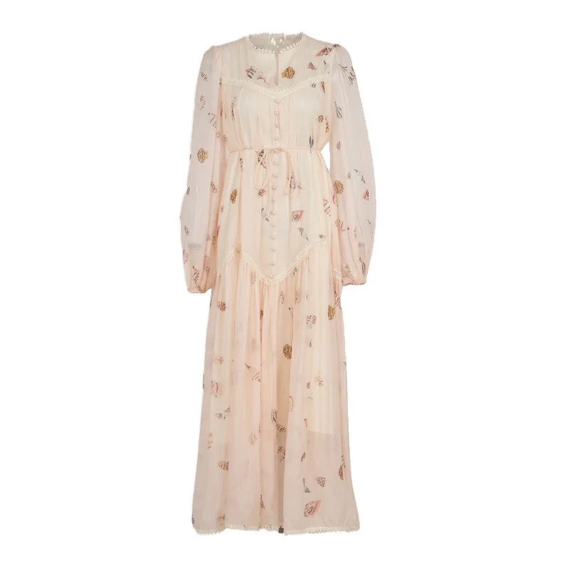 Romantico abito estivo in chiffon con stampa floreale Dr V-Ne da donna slim fit Maxi abito produttore cinese tessuto stampato in materiale Thi