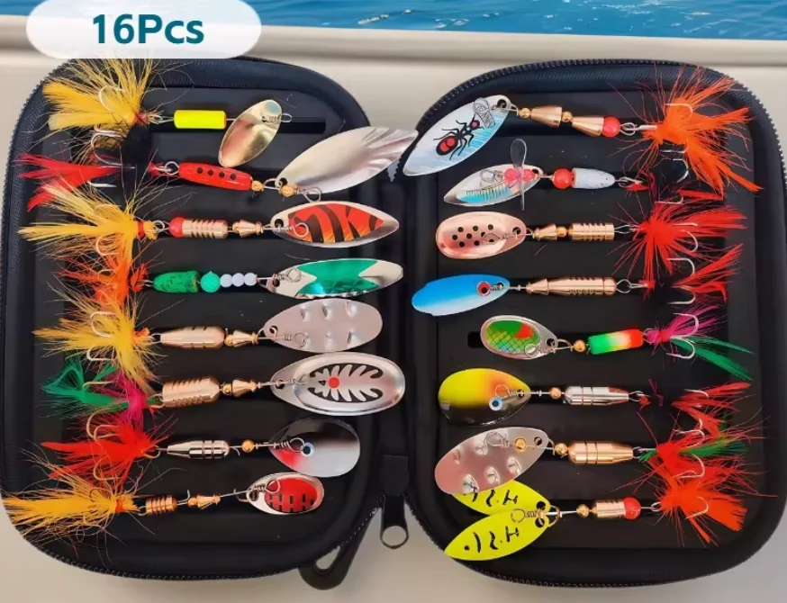 Rotating glitter 16pcs glitter combination bait set feather fish