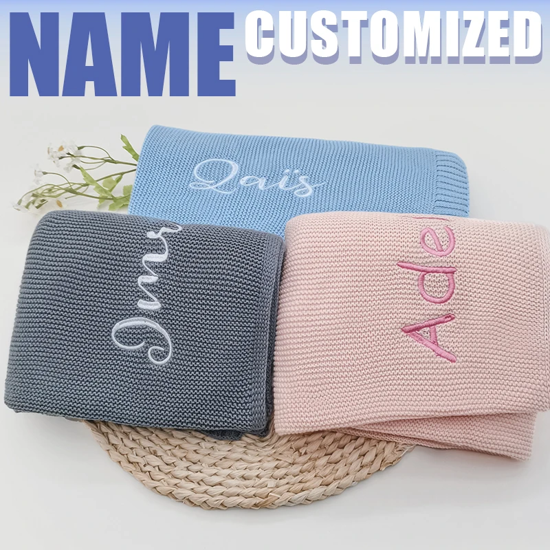 Personalized Name Knitted Blanket for Baby Embroidered Newborn Stroller Breathable Cotton Bedding 100*80