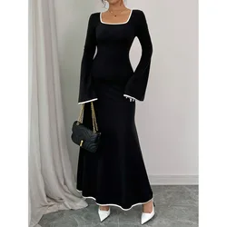 Elegant Knitted Maxi Dress For Women Fashion Solid Lace Up Long Sleeve Slim Dresses New Lady Commuting Robe2024