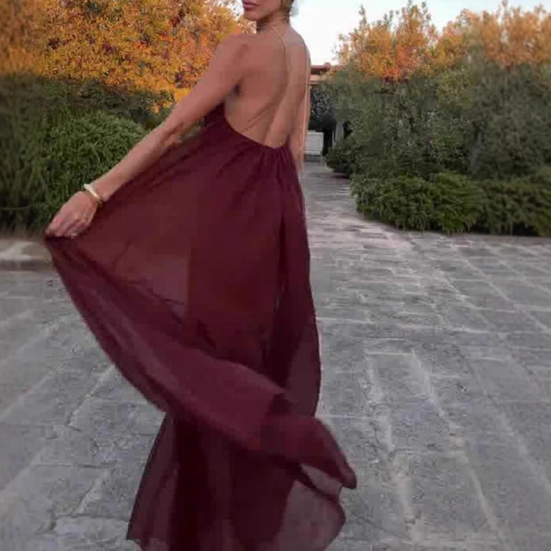 Sexy feminino sem costas vestido de convidado de casamento 2025 férias de verão cor sólida vestido longo casual baixo corte com decote em v vestido de festa plissado