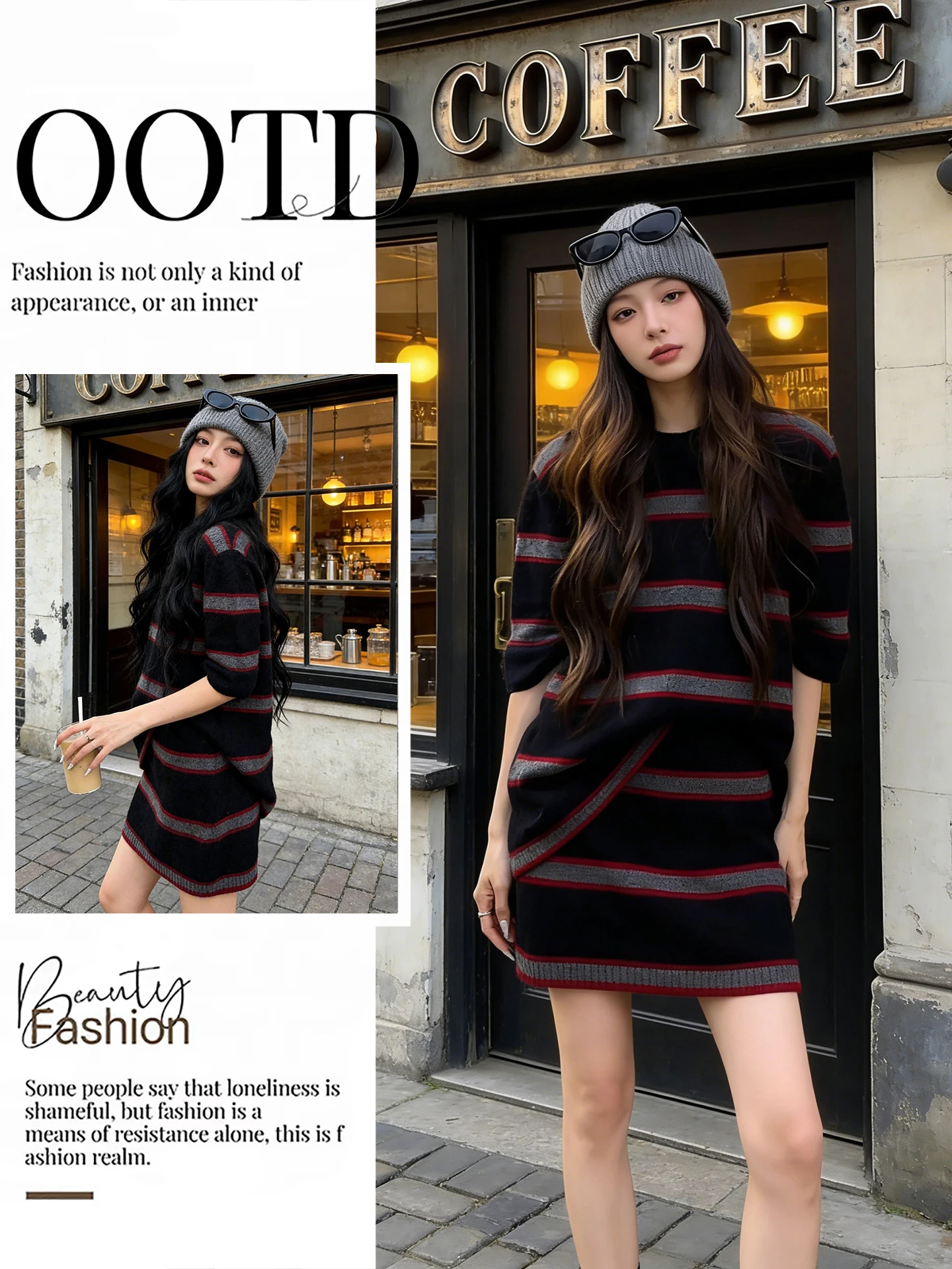 

Slimming High Waist Midi Skirt And Knitted Top Color Blo Striped Faion Set Women's Spring Autumn Wear Comfortable Fit