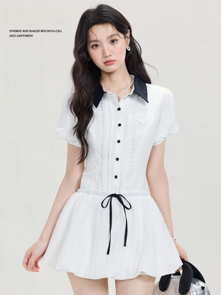 

Summer New White irt Dr Women's ature Waist-Cinching First Love Little White Dr Set High Waist Bubble Sve A-li...