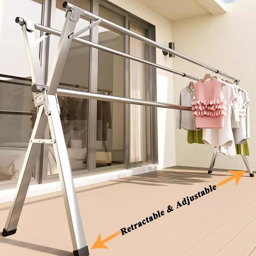 Sturdy Indoor/Outdoor Adjustable Stainless Steel Clothes Drying Rack with Removable Hanger for Balcony Use