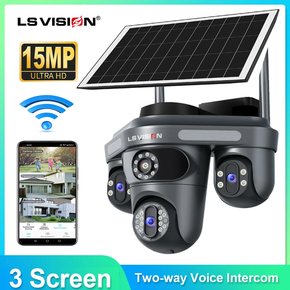 LS VISION Multiple Lens 3 Screen Wifi Outdoor Security Solar Camera Panoramic Monitor Mobile Siren Alarm Solar CCTV Camera
