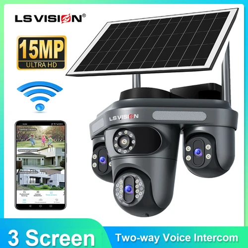 Imagen 1 del producto LS VISION-cámara Solar de seguridad para exteriores, lente múltiple, 3 pantallas, Wifi, Monitor panorámico, alarma de sirena móvil, cámara CCTV Solar