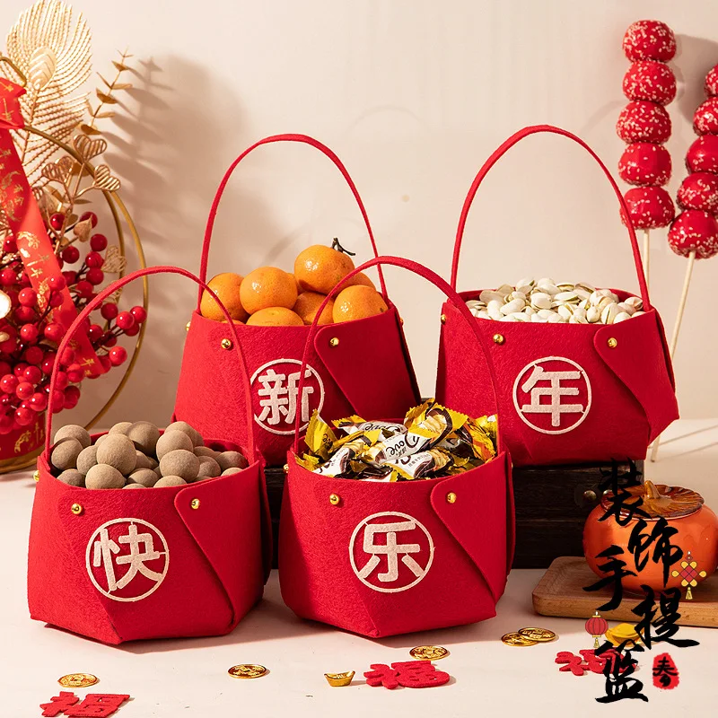 4Pcs Cloth Chinese Wedding Candy Bag Big Red Handle Joy Housewarming Handle Basket Wrapping Party Wedding Candy Gift Boxs