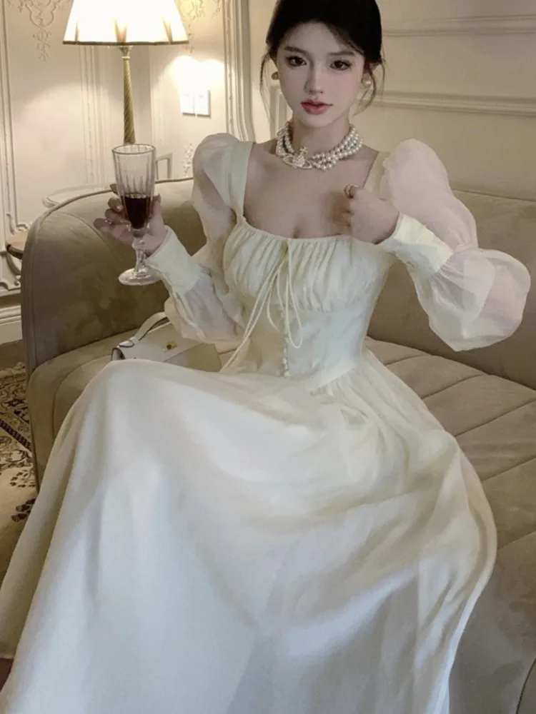 Vintage Princess Party Dress for Women High Waist A-line Lace Up Summer New French Elegant Prom Robe One Piece Vestidos Mujer