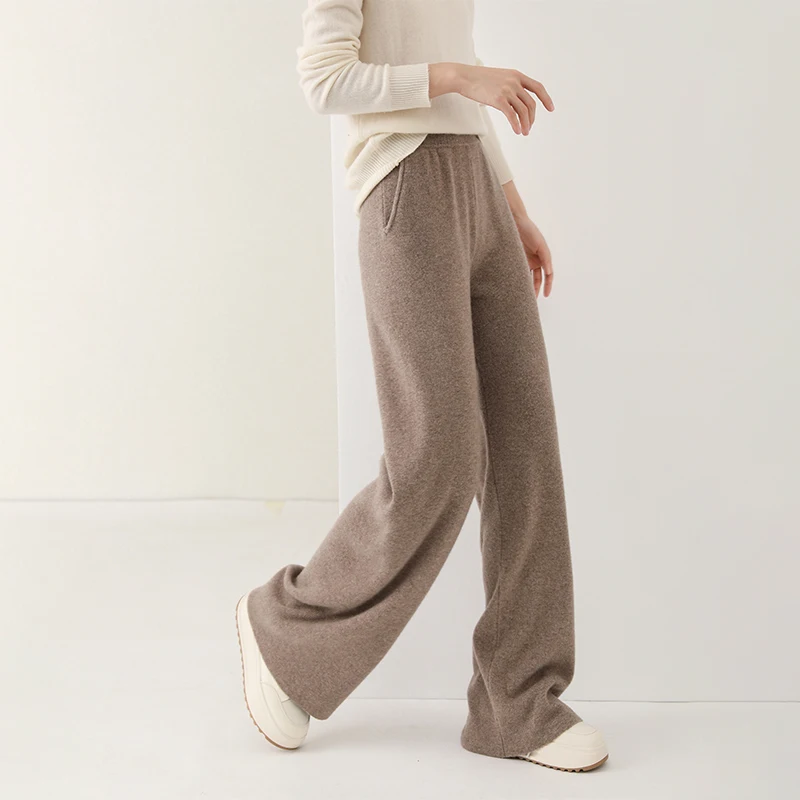 Women Pant 100% Merino Wool Knitting Wide Leg Pants Autumn Winter Solid Color Soft Warm Trousers for female YP01