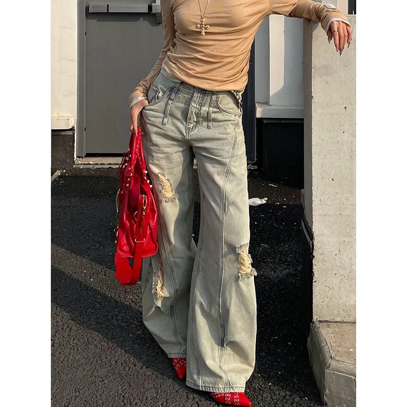 Y2k Baggy Ripped Jeans Harajuku Vintage Denim Hose Japanischer 2000er Jahre Stil Grunge Damen Blue Jeans Hose