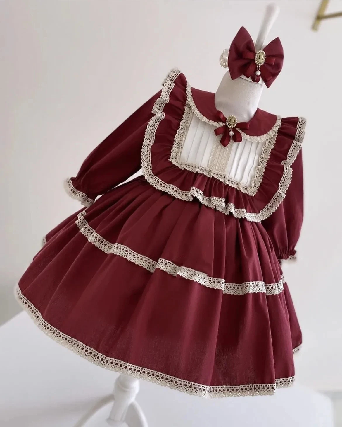 

0-12Y Baby Girl Summer Burgandy Turkish Vintage Princess Dress for Birthday Holiday Easter Photography Eid