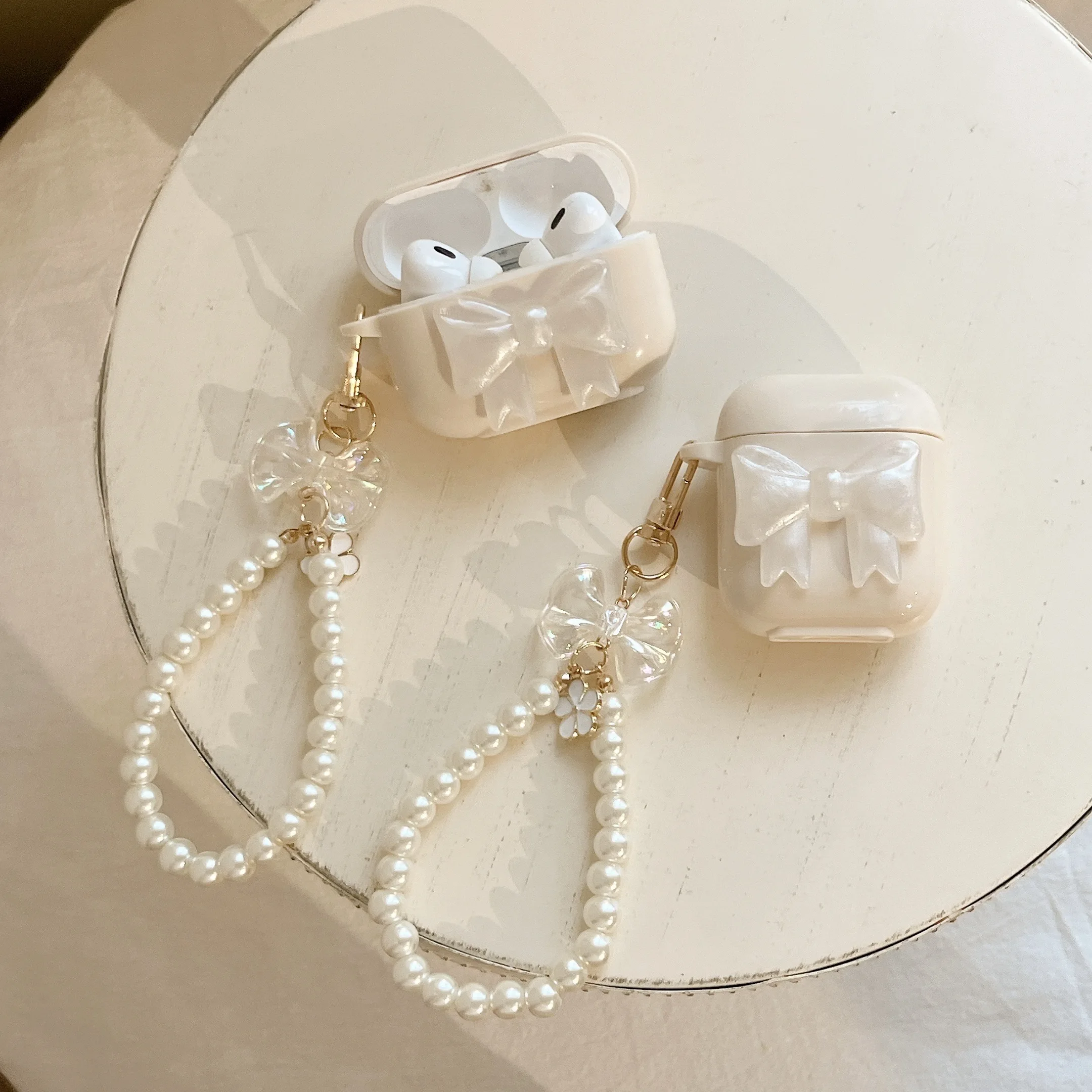 For AirPods Pro3 Pro2 Pro 4 3 2 1 With Pearl Starp Tpu Stickers Glitter Bows Bowknot Headphones Case Protective Shell Soft Cover