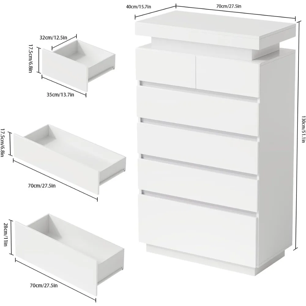 6 Drawer Dresser for Bedroom with LED Lights, White Modern High Gloss Chest of Drawers for Closet